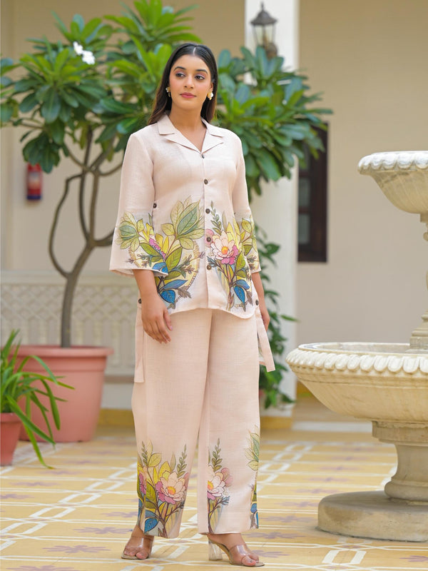 Cream Floral Printed Crepe Co-Ord Set For Women