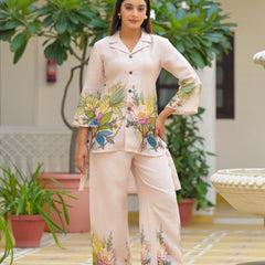 Cream Floral Printed Crepe Co-Ord Set For Women