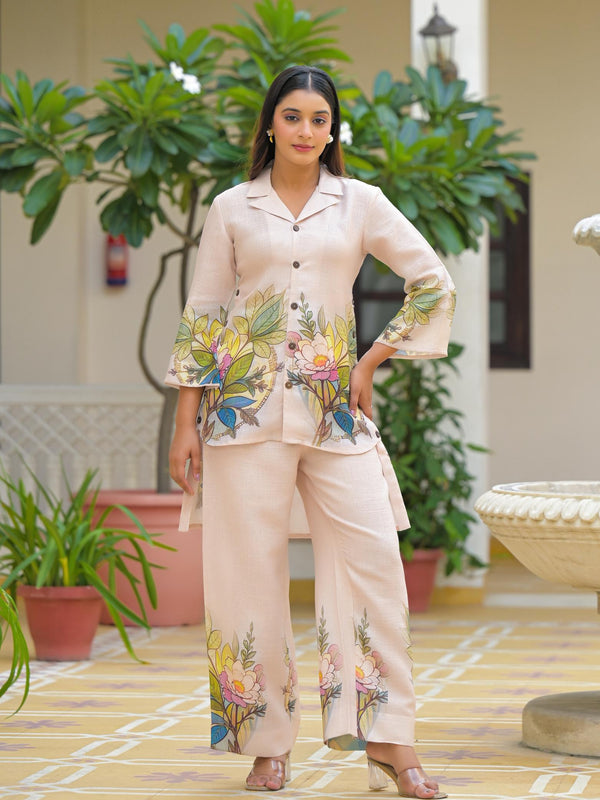 Cream Floral Printed Crepe Co-Ord Set For Women