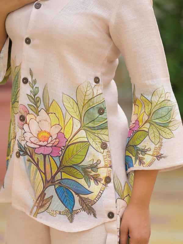 Cream Floral Printed Crepe Co-Ord Set For Women