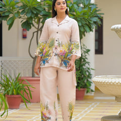 Cream Floral Printed Crepe Co-Ord Set For Women
