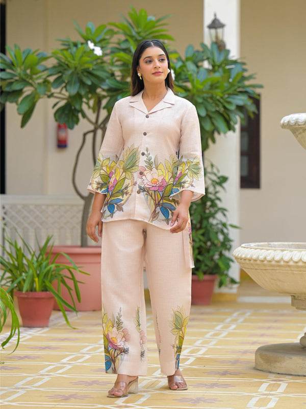 Cream Floral Printed Crepe Co-Ord Set For Women