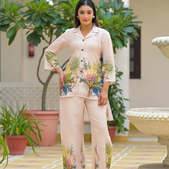 Cream Floral Printed Crepe Co-Ord Set For Women