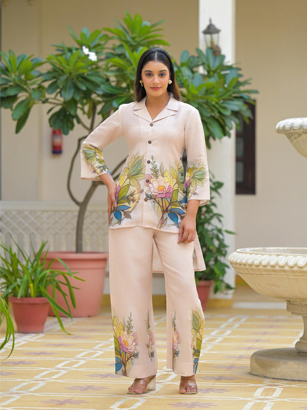 Cream Floral Printed Crepe Co-Ord Set For Women