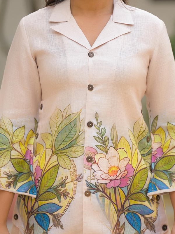 Cream Floral Printed Crepe Co-Ord Set For Women