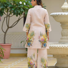 Cream Floral Printed Crepe Co-Ord Set For Women