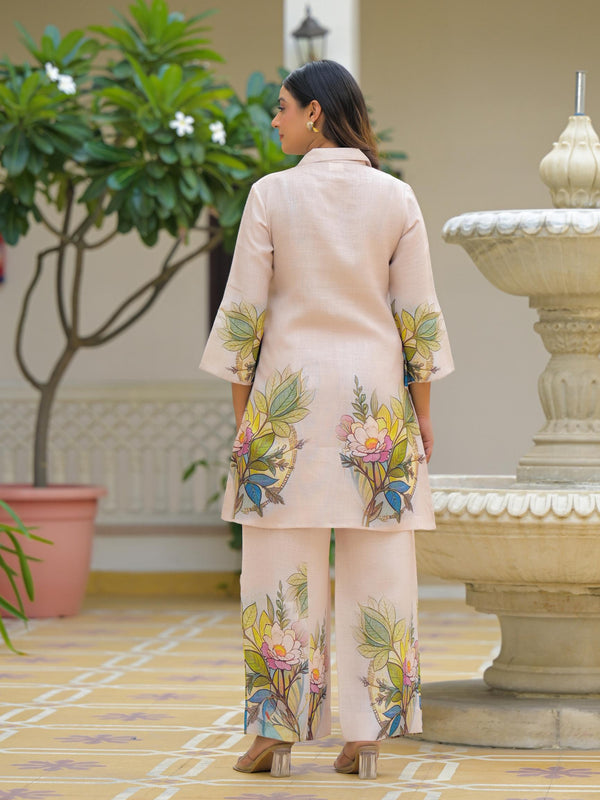 Cream Floral Printed Crepe Co-Ord Set For Women